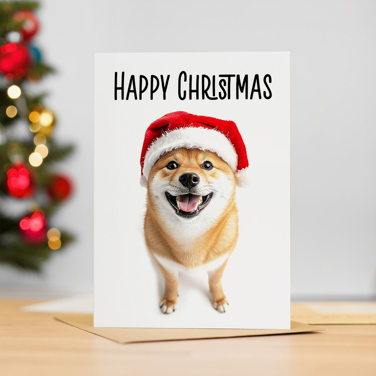 Fun Christmas Card of a Shiba Inu Dog Wearing A Santa Hat Whimsical Christmas Card For Animal Lover For Him or Her