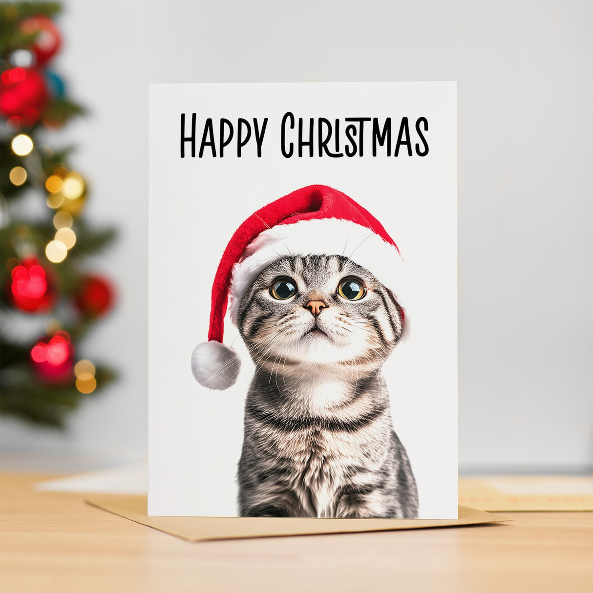 Fun Christmas Card of a Scotish Fold Cat Wearing A Santa Hat Whimsical Christmas Card For Animal Lover For Him or Her