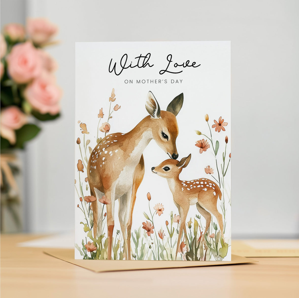 A charming Mother's Day card showcasing a cute deer illustration, perfect for wildlife-loving mums.