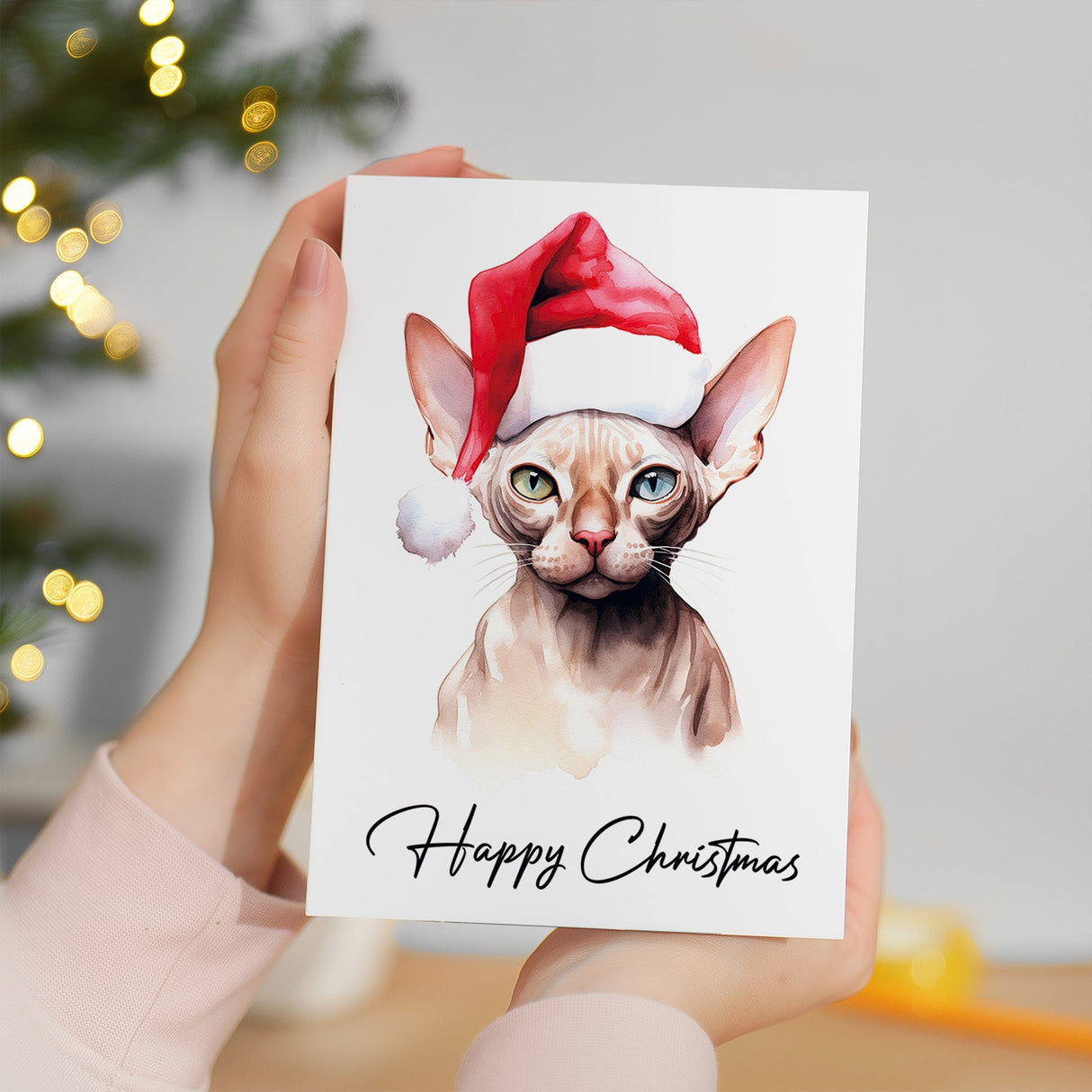 Cat Christmas Card Featuring A Sphynx Cat Wearing a Santa Hat Fun Christmas Card For Him or Her Christmas Card For Anyone Christmas Gift