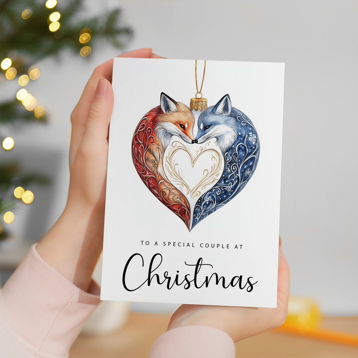 Christmas Card For Couple Foxes Bauble Love Heart Illustration Romantic Christmas Card For Special Couple