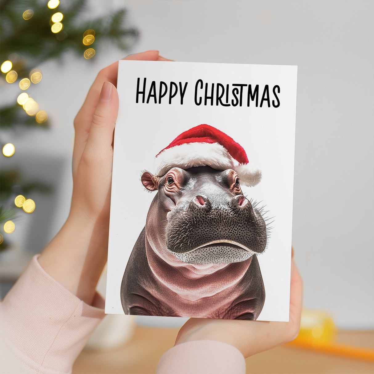 Fun Christmas Card of a Hippo Wearing A Santa Hat Whimsical Christmas Card For Animal Lover For Him or Her