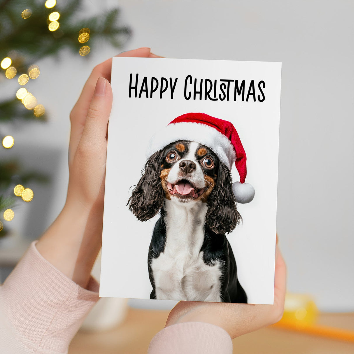 Fun Christmas Card of a Cavalier Spaniel Dog Wearing A Santa Hat Whimsical Christmas Card For Animal Lover For Him or Her