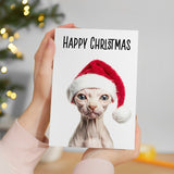 Fun Christmas Card of a Sphynx Cat Wearing A Santa Hat Whimsical Christmas Card For Animal Lover For Him or Her