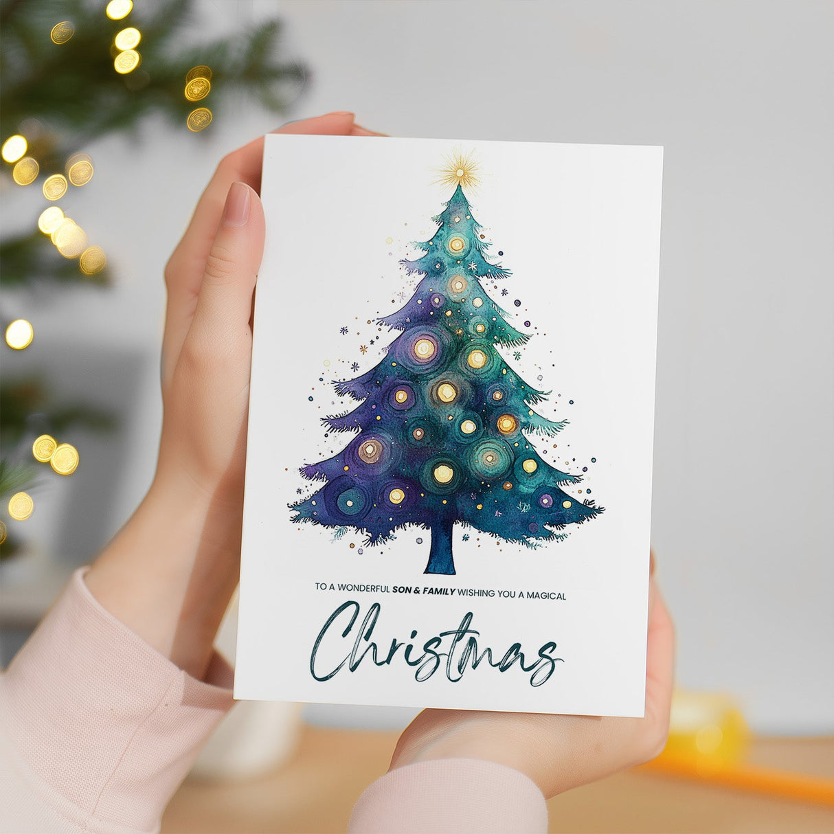 Son & Family Christmas Card, Watercolour Christmas Tree Design, For Him, Christmas Card