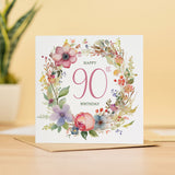 90th Birthday Card With Floral Illustration Pretty Ninty Card For Mum, Gran or Friend Ninetieth Birthday Card