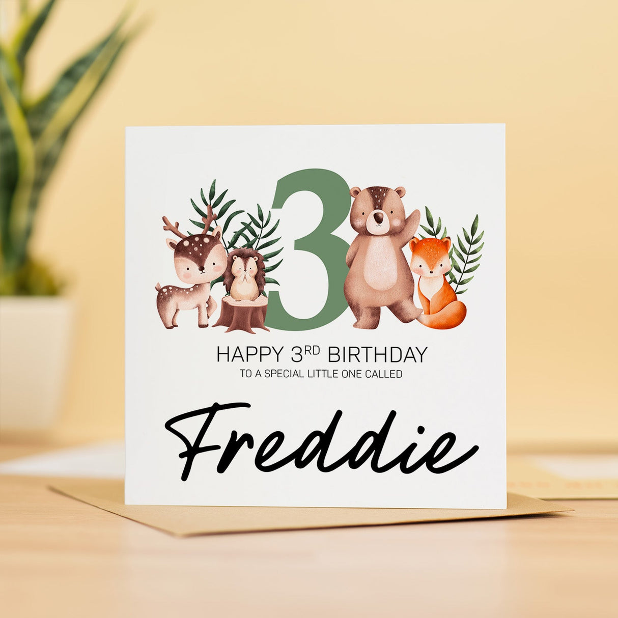 Personalised 3rd Birthday Children's Card Woodland Themed Third Birthday Card For Boy or Girl Three Years Custom Card