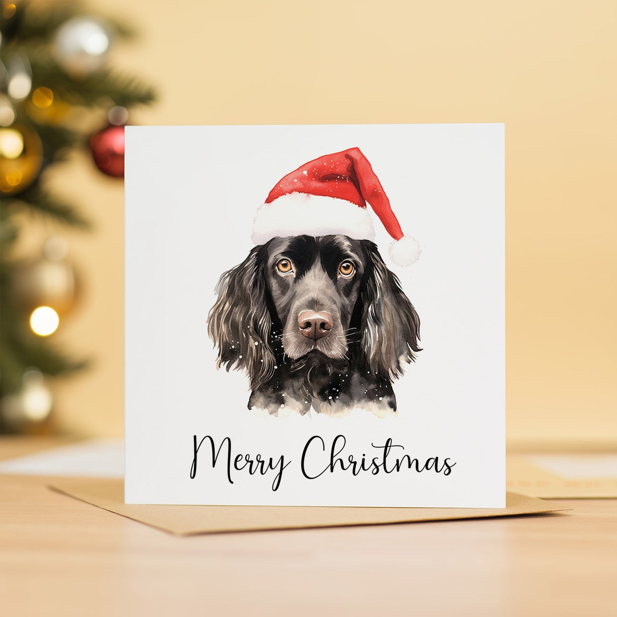 Fun Christmas Card of a Black Cocker Spaniel Dog Wearing A Santa Hat Whimsical Watercolour Christmas Card For Animal Lover For Him or Her