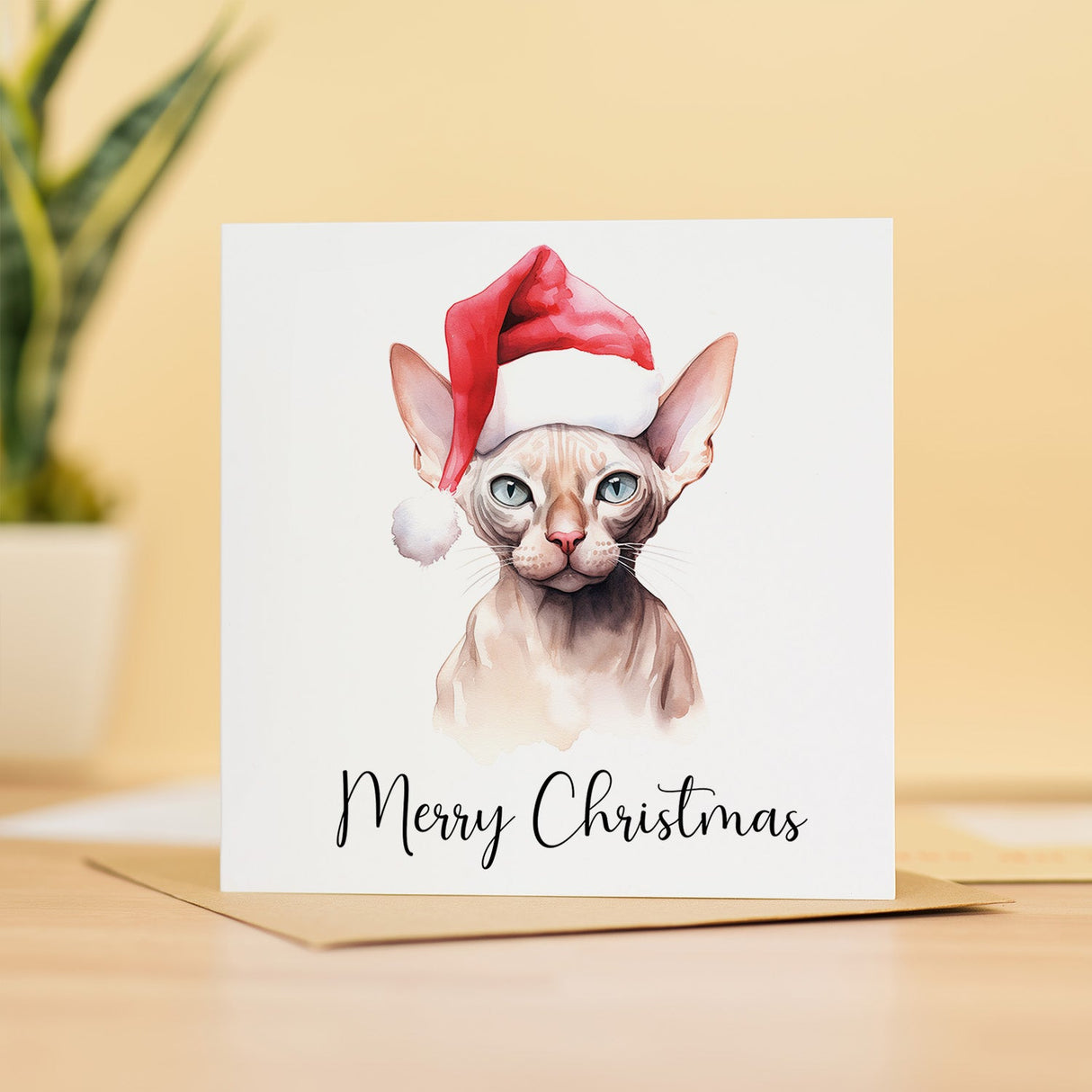 Fun Christmas Card of a Sphynx Cat Wearing A Santa Hat Whimsical Watercolour Christmas Card For Animal Lover For Him or Her