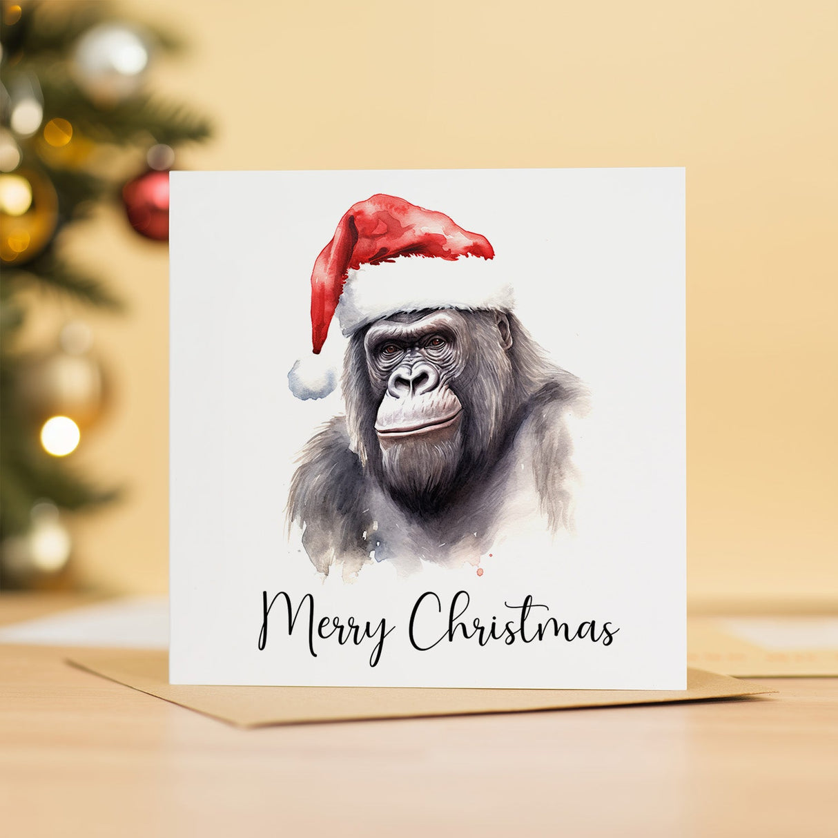 Fun Christmas Card of a Gorilla Wearing A Santa Hat Whimsical Watercolour Christmas Card For Animal Lover For Him or Her