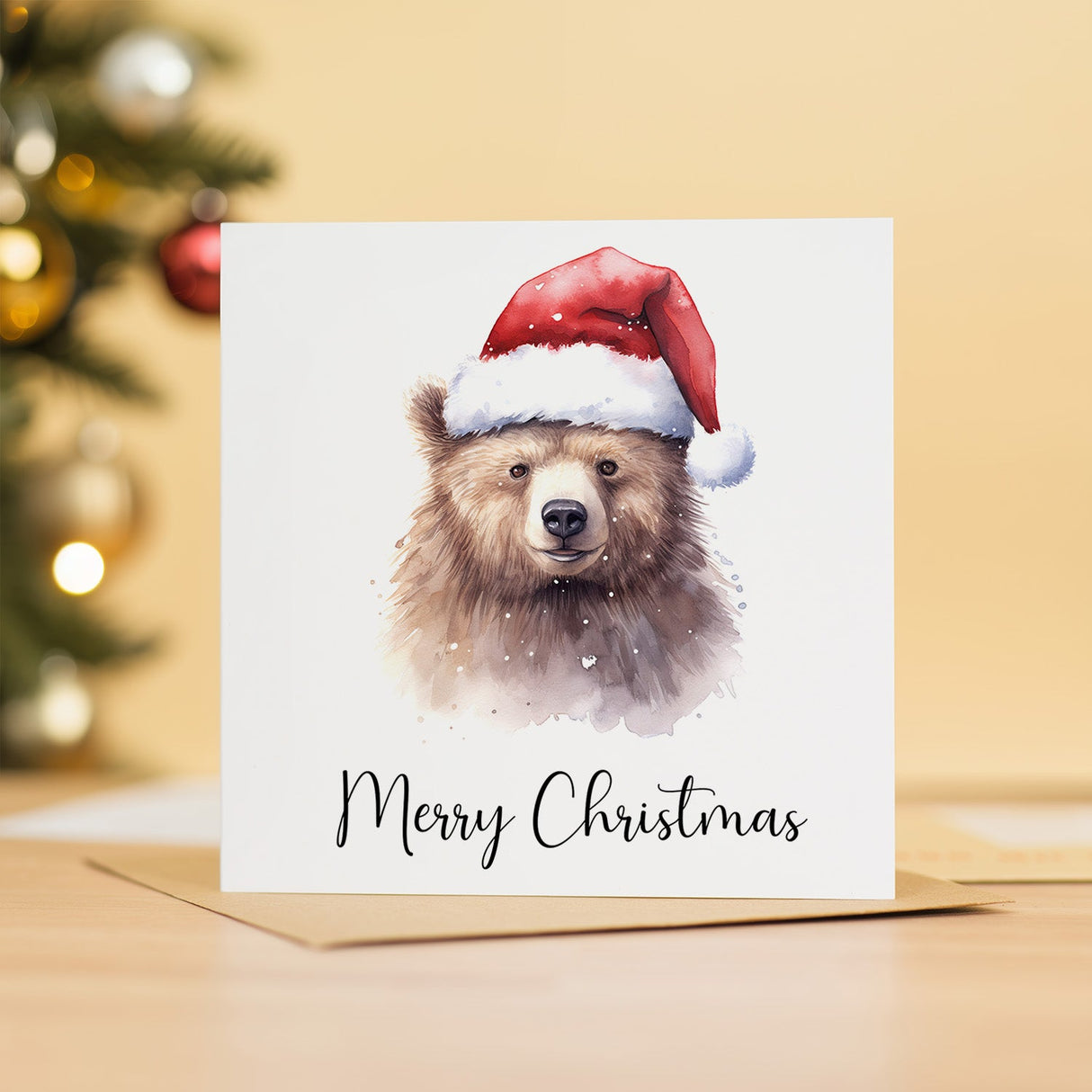 Bear Santa Hat Christmas Card Watercolour Animal Lover Card For Him or Her