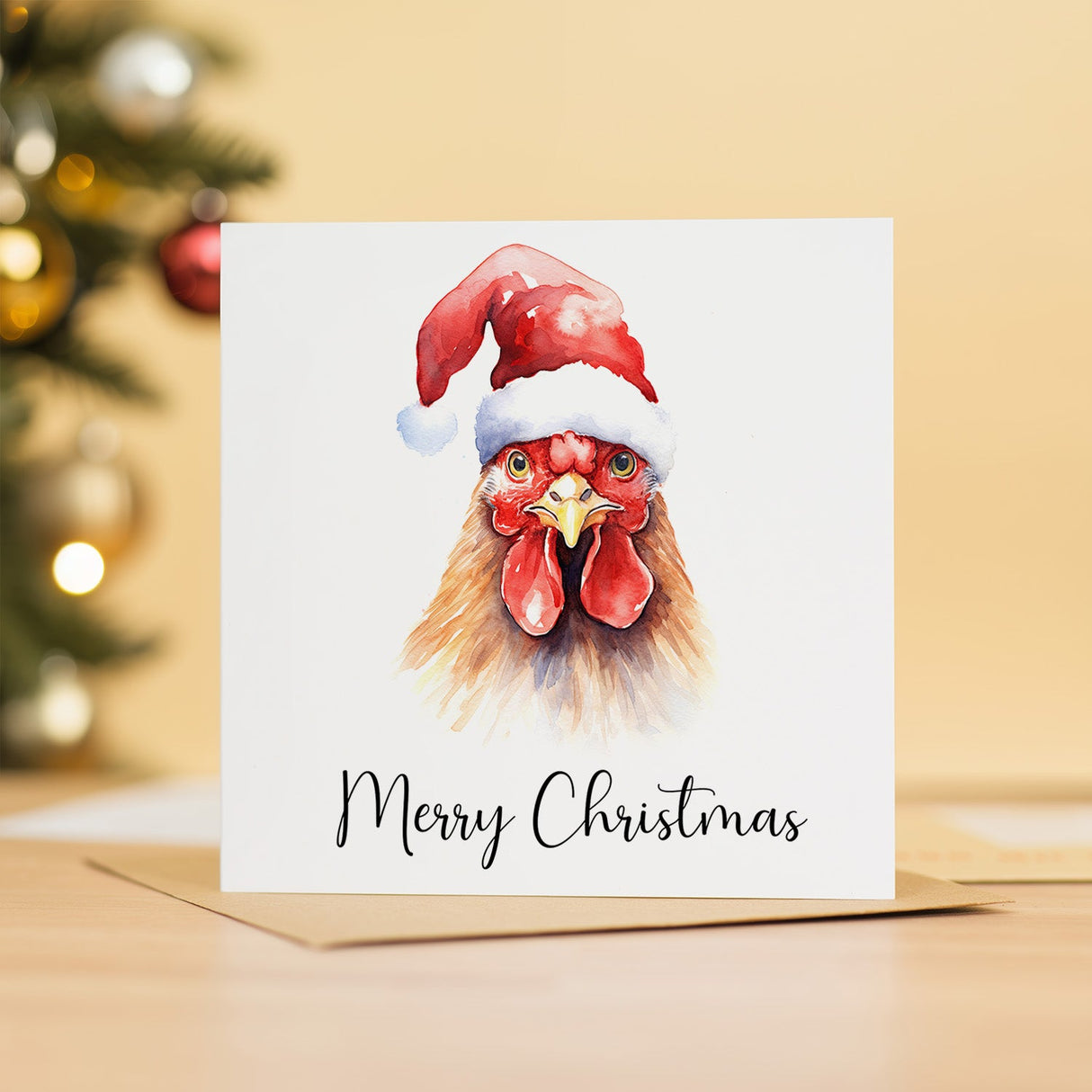 Christmas Card Chicken in Santa Hat Whimsical Watercolour Animal Lover Card