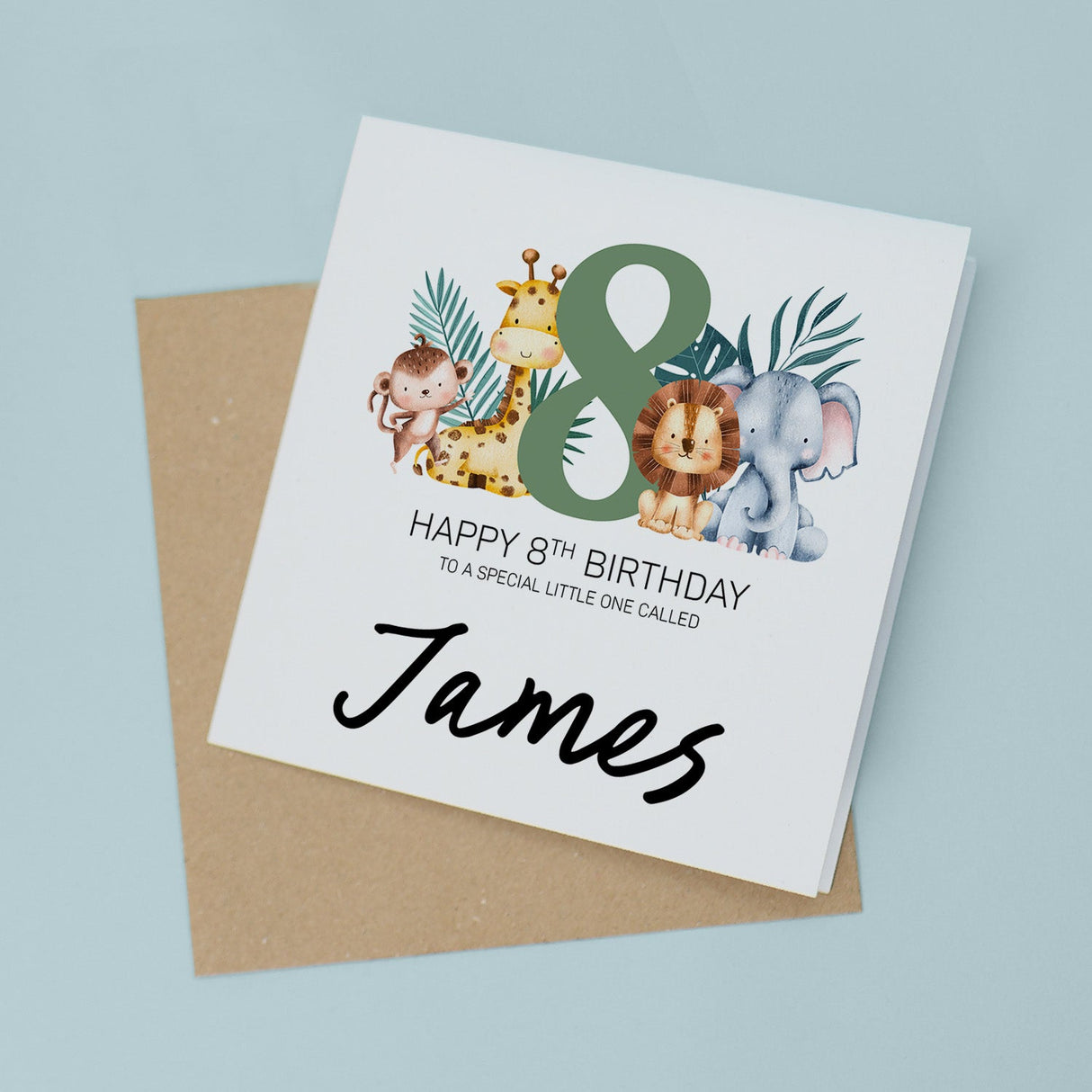 Personalised 8th Birthday Children's Card Jungle Themed Eighth Birthday Card For Boy or Girl Eight Years Custom Card