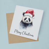 Fun Christmas Card of a Panda Wearing A Santa Hat Whimsical Watercolour Christmas Card For Animal Lover For Him or Her