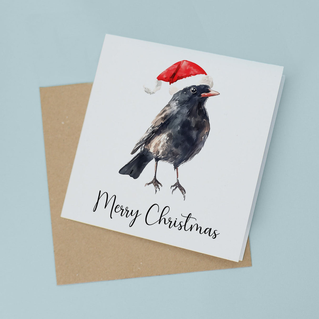 Christmas Card Black Bird Santa Hat Whimsical Watercolour Bird Lover Gift