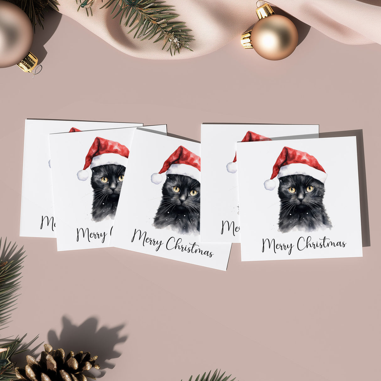 Pack of 5 Christmas Cards Of A Whimsical Black Cat Wearing A Santa Hat