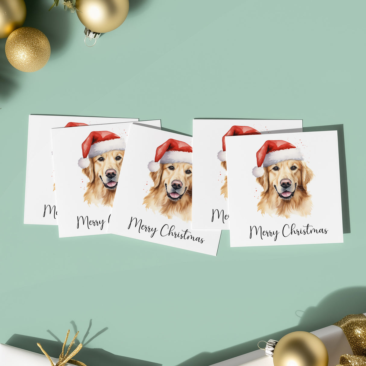 Pack of 5 Christmas Cards Of A Whimsical Golden Retriever Wearing A Santa Hat