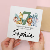 Personalised 7th Birthday Children's Card Jungle Themed Seventh Birthday Card For Boy or Girl Seven Years Custom Card