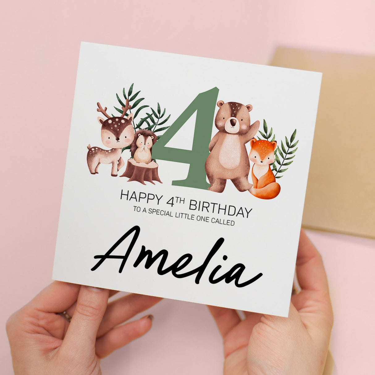 Personalised 4th Birthday Children's Card Woodland Themed Fourth Birthday Card For Boy or Girl Four Years Custom Card