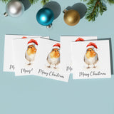 Pack of 5 Christmas Cards Of A Whimsical Robin Wearing A Santa Hat