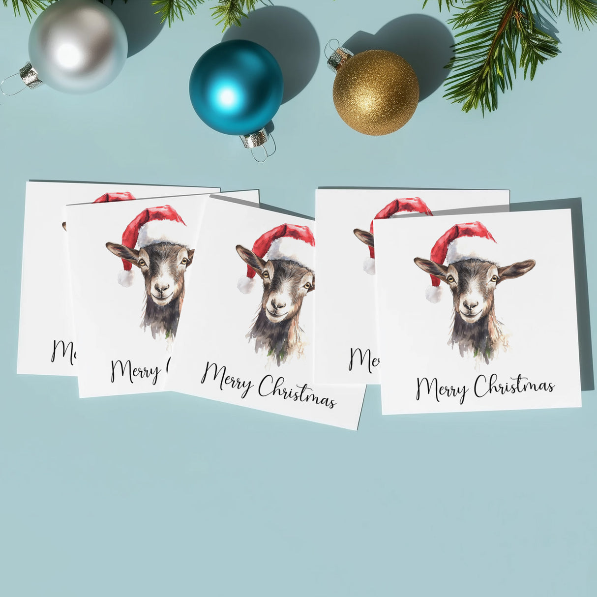 Pack of 5 Christmas Cards Of A Whimsical Goat Wearing A Santa Hat