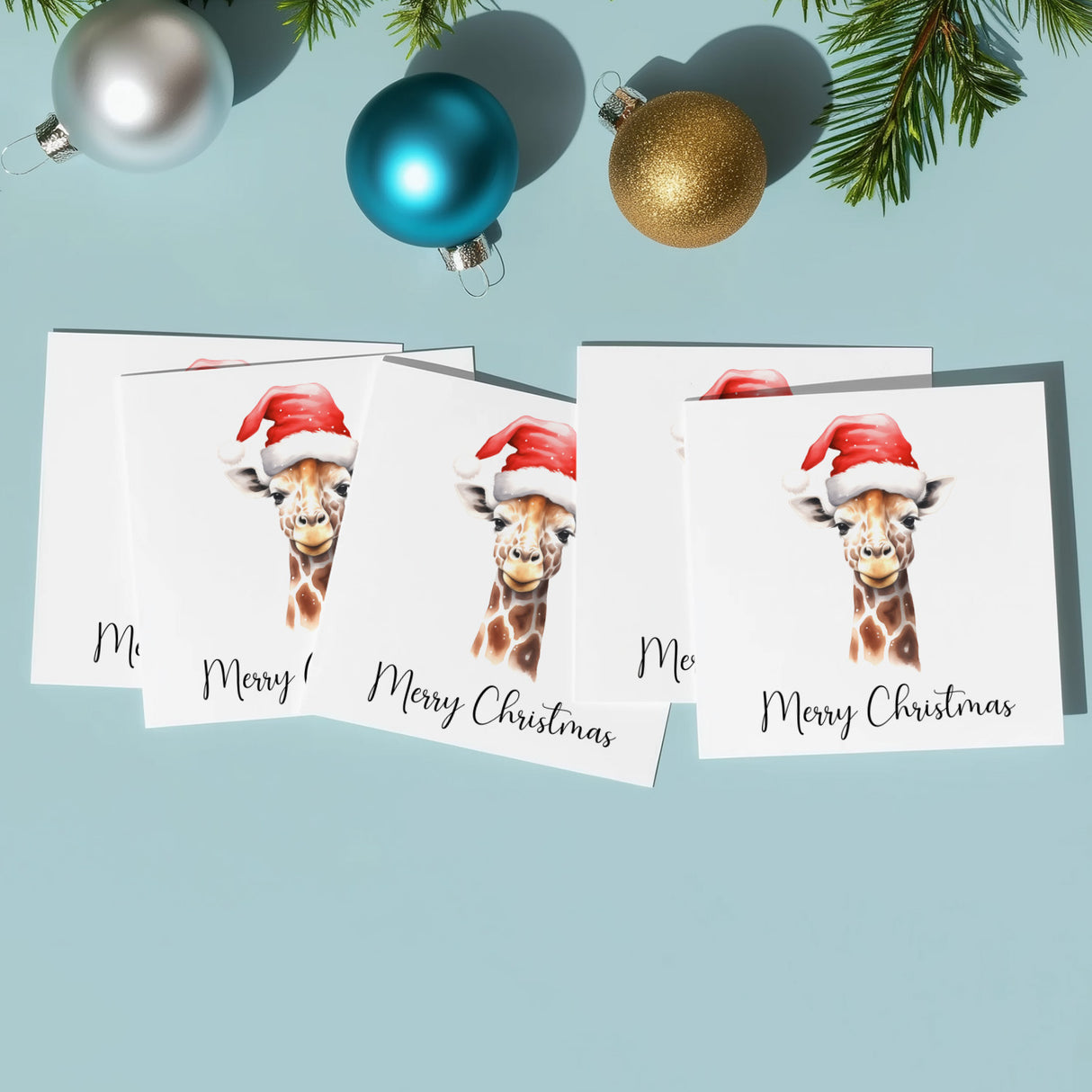 5 x Christmas Card of a Giraffe Wearing A Santa Hat Whimsical Watercolour Christmas Card For Animal Lover For Him or Her