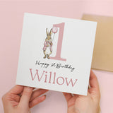 Personalised Girls 1st Birthday Card For Girl Featuring A Cute Bunny In Pink Custom First Birthday Gift