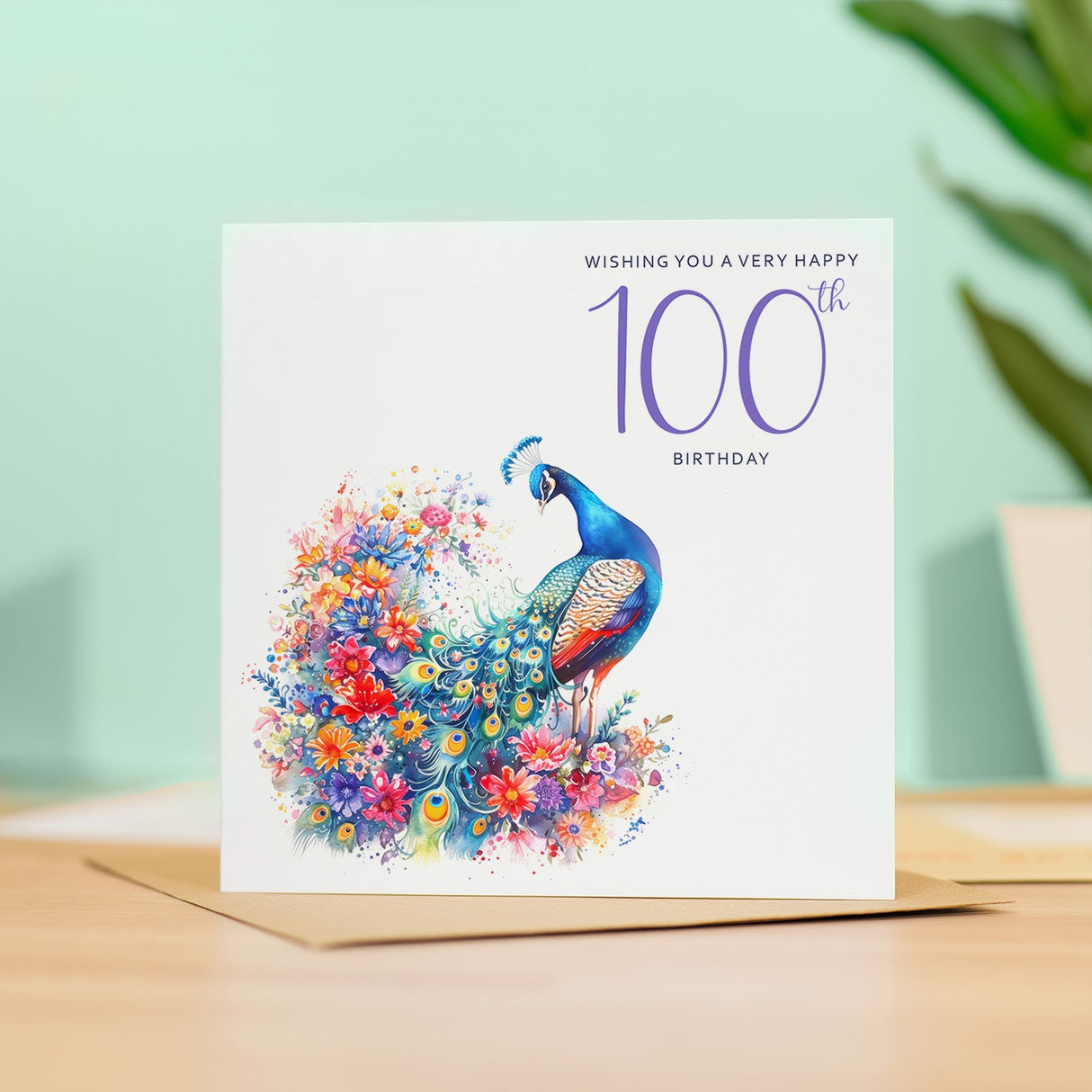 100th Birthday Card With Peacock Illustration Pretty One Hundred Card For Mum, Gran or Friend One Hundredth Birthday Card