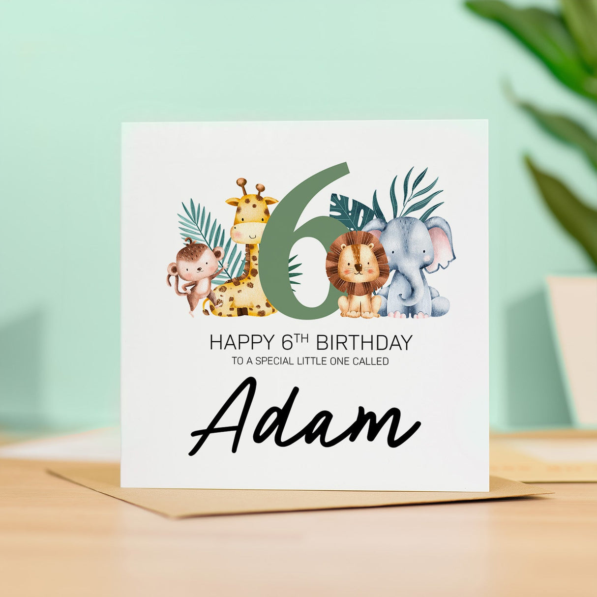 Personalised 6th Birthday Children's Card Jungle Themed Sixth Birthday Card For Boy or Girl Six Years Custom Card