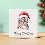 Fun Christmas Card of a Tabby Cat Wearing A Santa Hat Whimsical Watercolour Christmas Card For Animal Lover For Him or Her