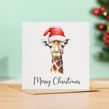 Giraffe Santa Hat Christmas Card Whimsical Watercolour for Animal Lover Holiday