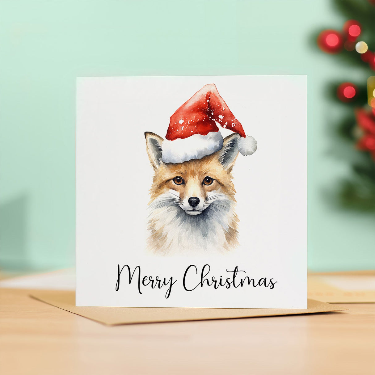 Fun Christmas Card of a Fox Wearing A Santa Hat Whimsical Watercolour Christmas Card For Animal Lover For Him or Her