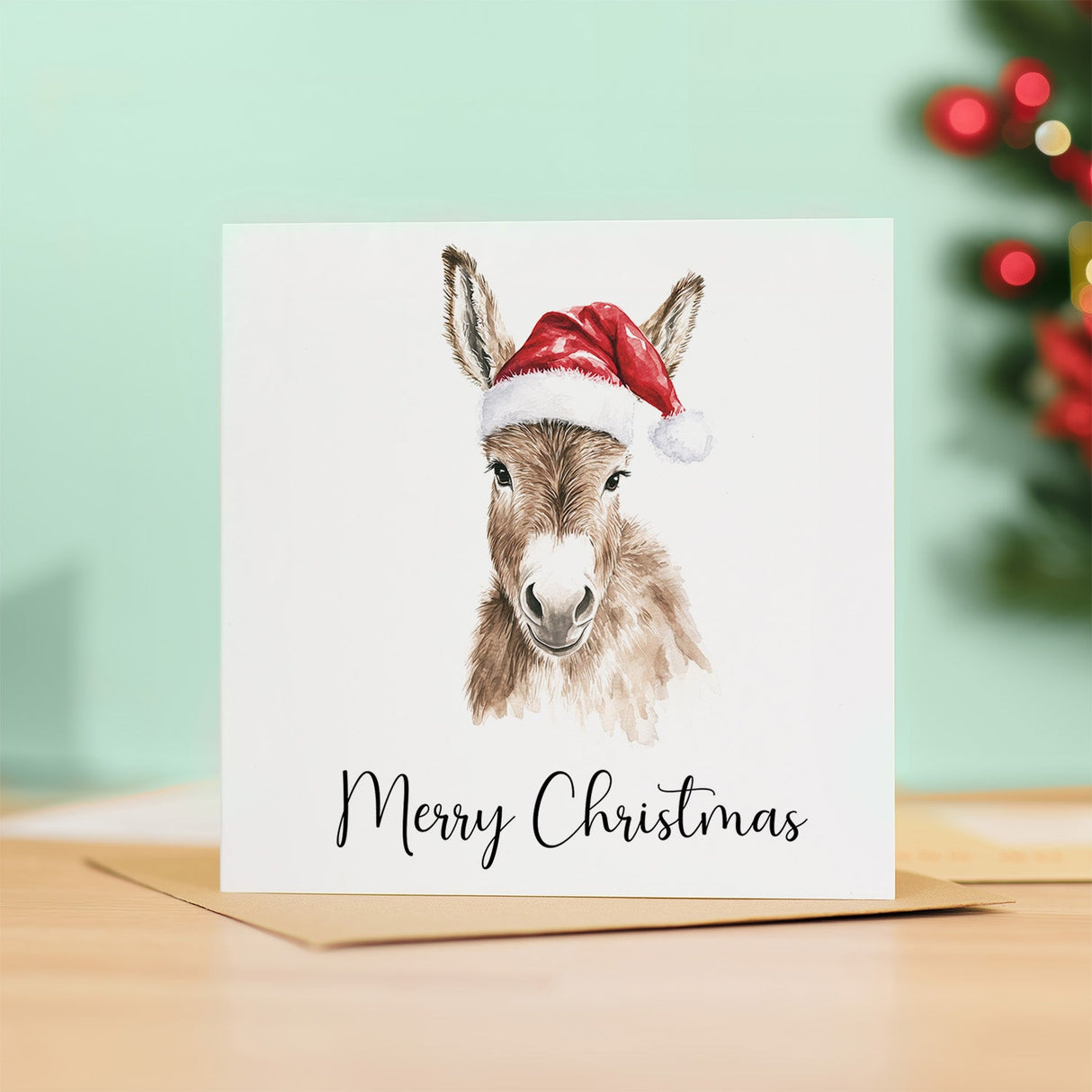 Fun Christmas Card of a Donkey Wearing A Santa Hat Whimsical Watercolour Christmas Card For Animal Lover For Him or Her