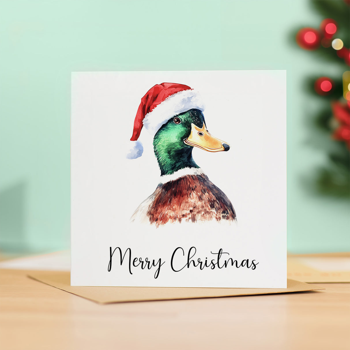 Duck in Santa Hat Christmas Card Whimsical Watercolour Animal Lover Holiday Card