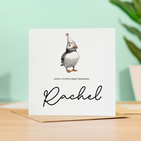 Personalised Birthday Card For Him or Her Puffin Birthday Card Custom Name Birthday Card