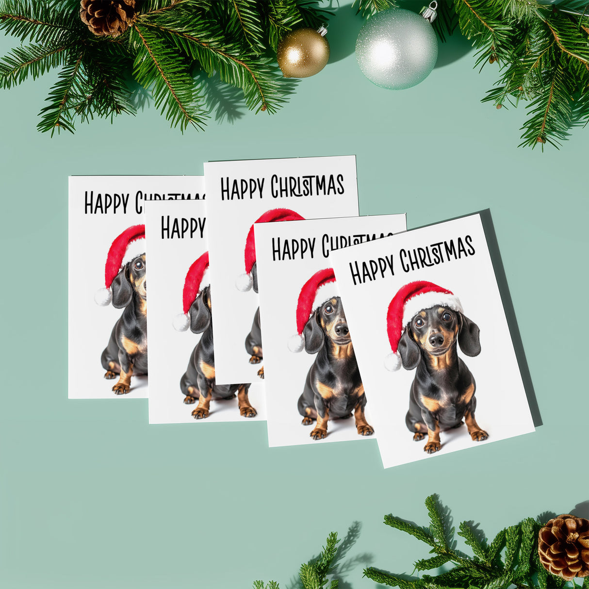 5 x Fun Christmas Card of a Dachshund Dog Wearing A Santa Hat Whimsical Christmas Card For Animal Lover For Him or Her