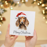 Fun Christmas Card of a Dachshind Dog Wearing A Santa Hat Whimsical Watercolour Christmas Card For Animal Lover For Him or Her