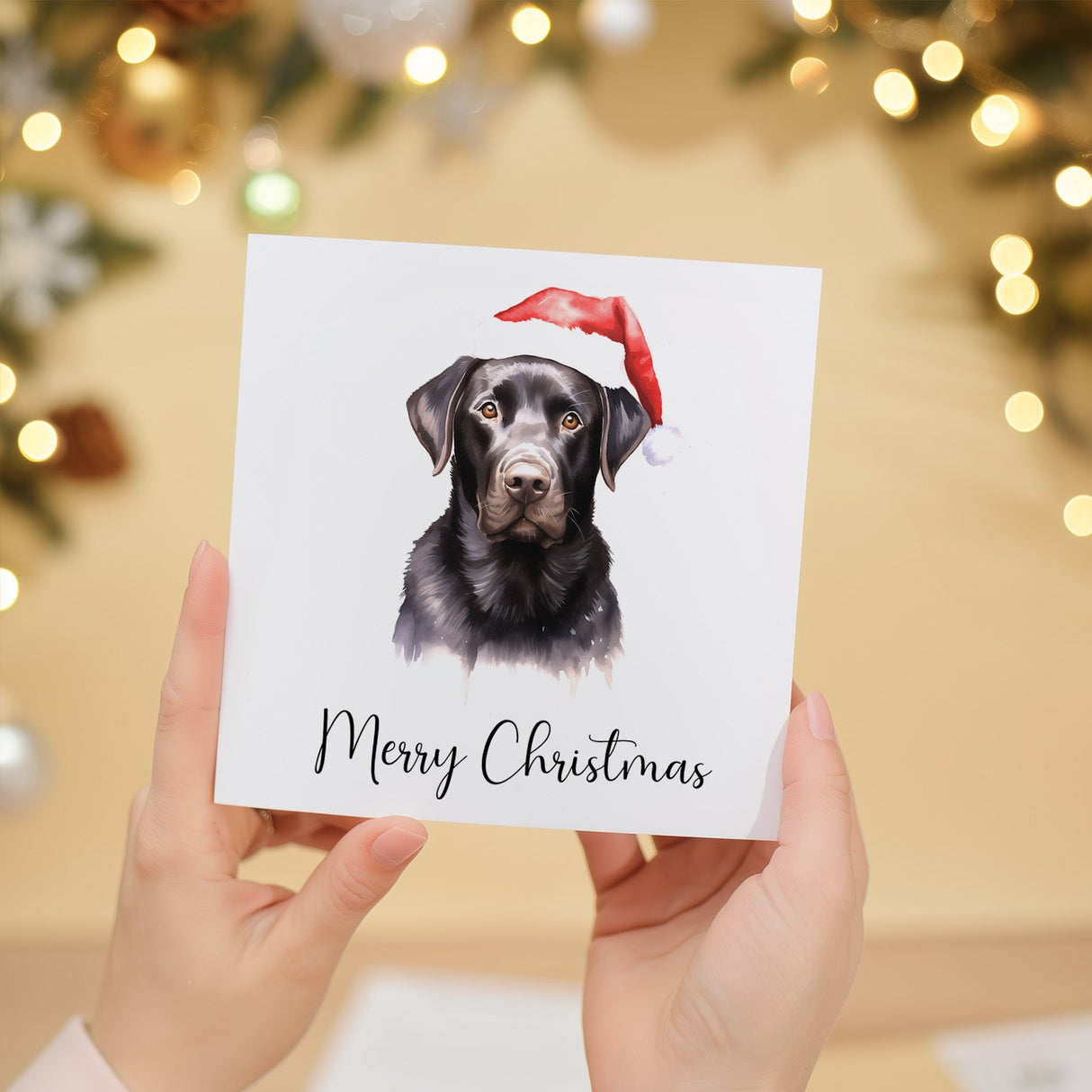 Fun Christmas Card of a Labrador Dog Wearing A Santa Hat Whimsical Watercolour Christmas Card For Animal Lover For Him or Her