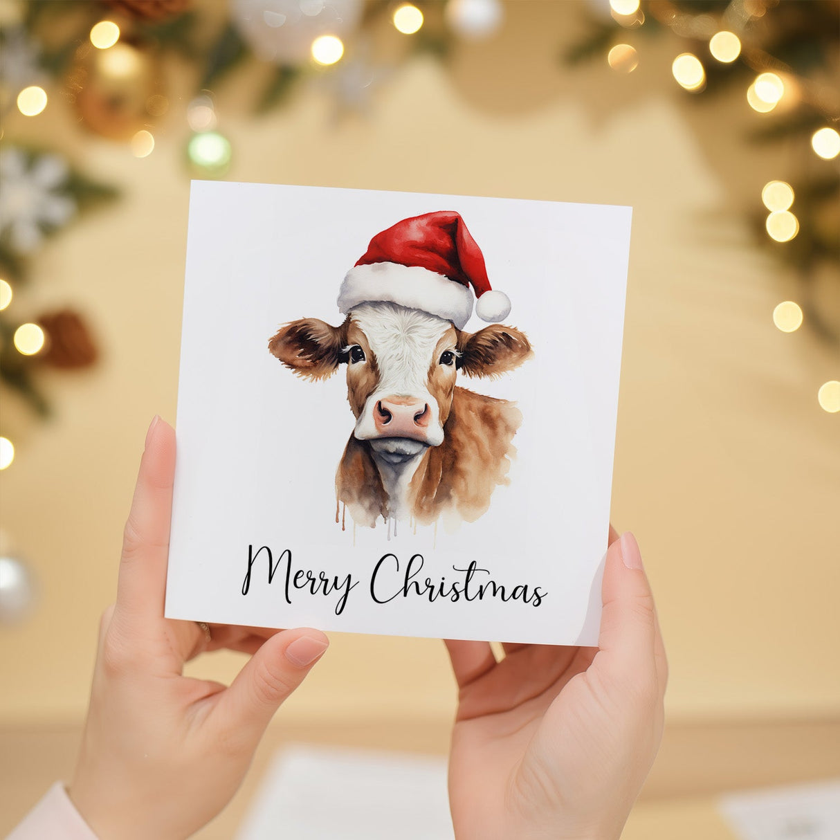 Fun Christmas Card of a Cow Wearing A Santa Hat Whimsical Watercolour Christmas Card For Animal Lover For Him or Her