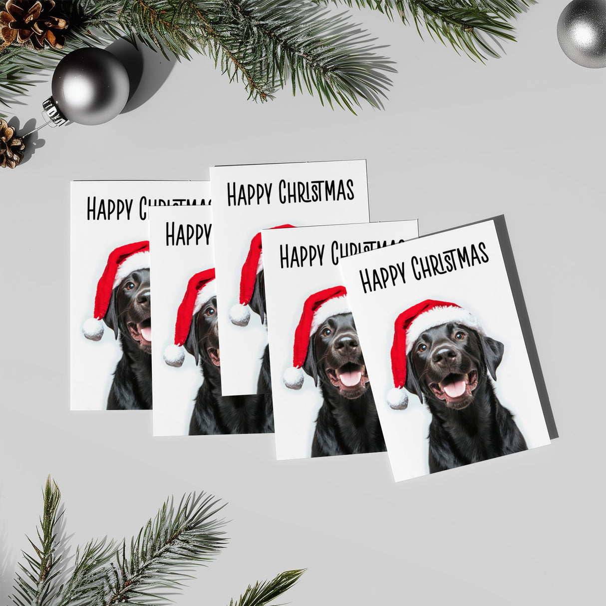 Pack of 5 Fun Christmas Cards, Black Labrador in Santa Hat