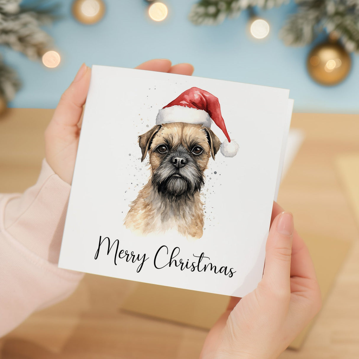 Fun Christmas Card of a Border Terrier Dog Wearing A Santa Hat Whimsical Watercolour Christmas Card For Animal Lover For Him or Her