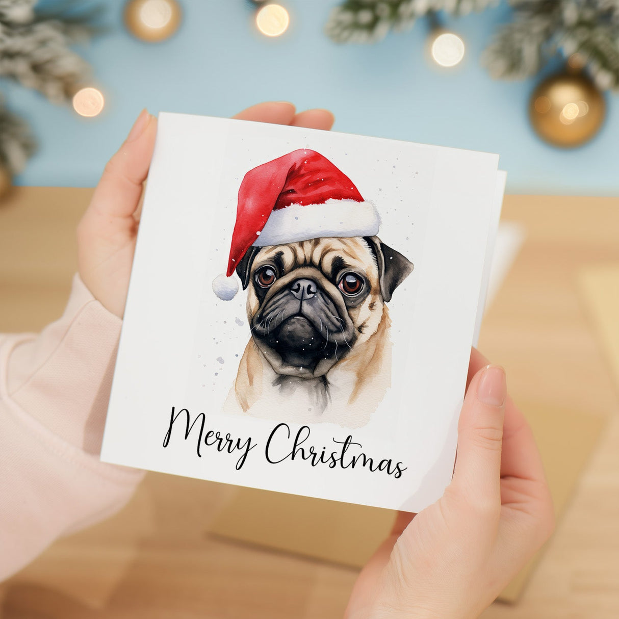 Fun Christmas Card of a Pug Dog Wearing A Santa Hat Whimsical Watercolour Christmas Card For Animal Lover For Him or Her