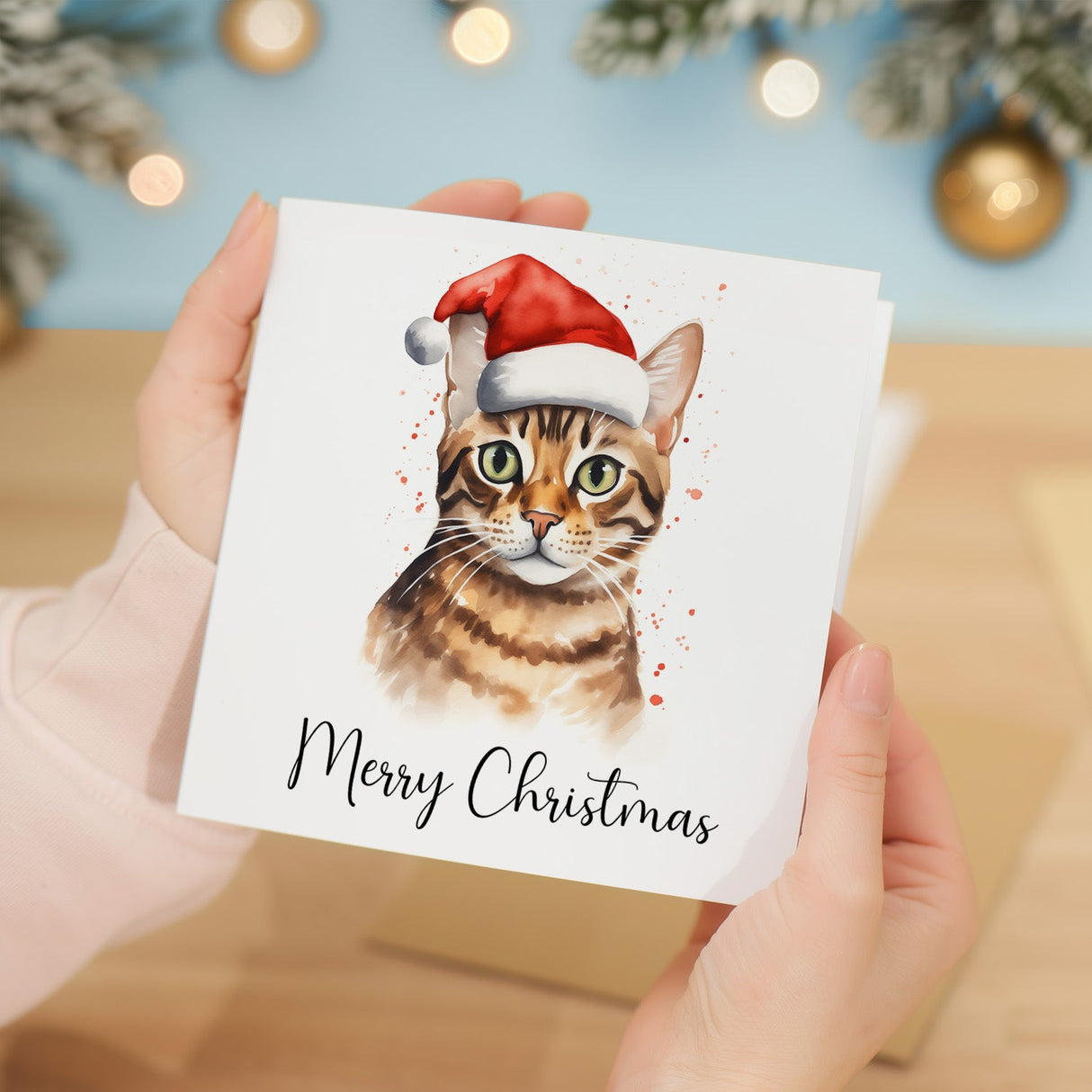 Fun Christmas Card of a Bengal Cat Wearing A Santa Hat Whimsical Watercolour Christmas Card For Animal Lover For Him or Her