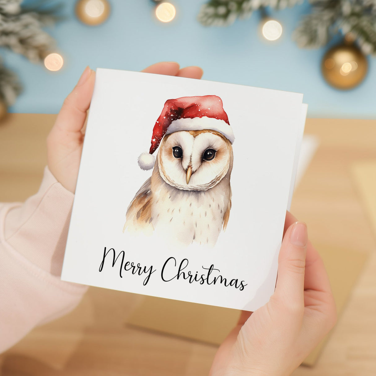 Barn Owl Santa Hat Christmas Card Watercolour Bird Holiday Card for Him Her