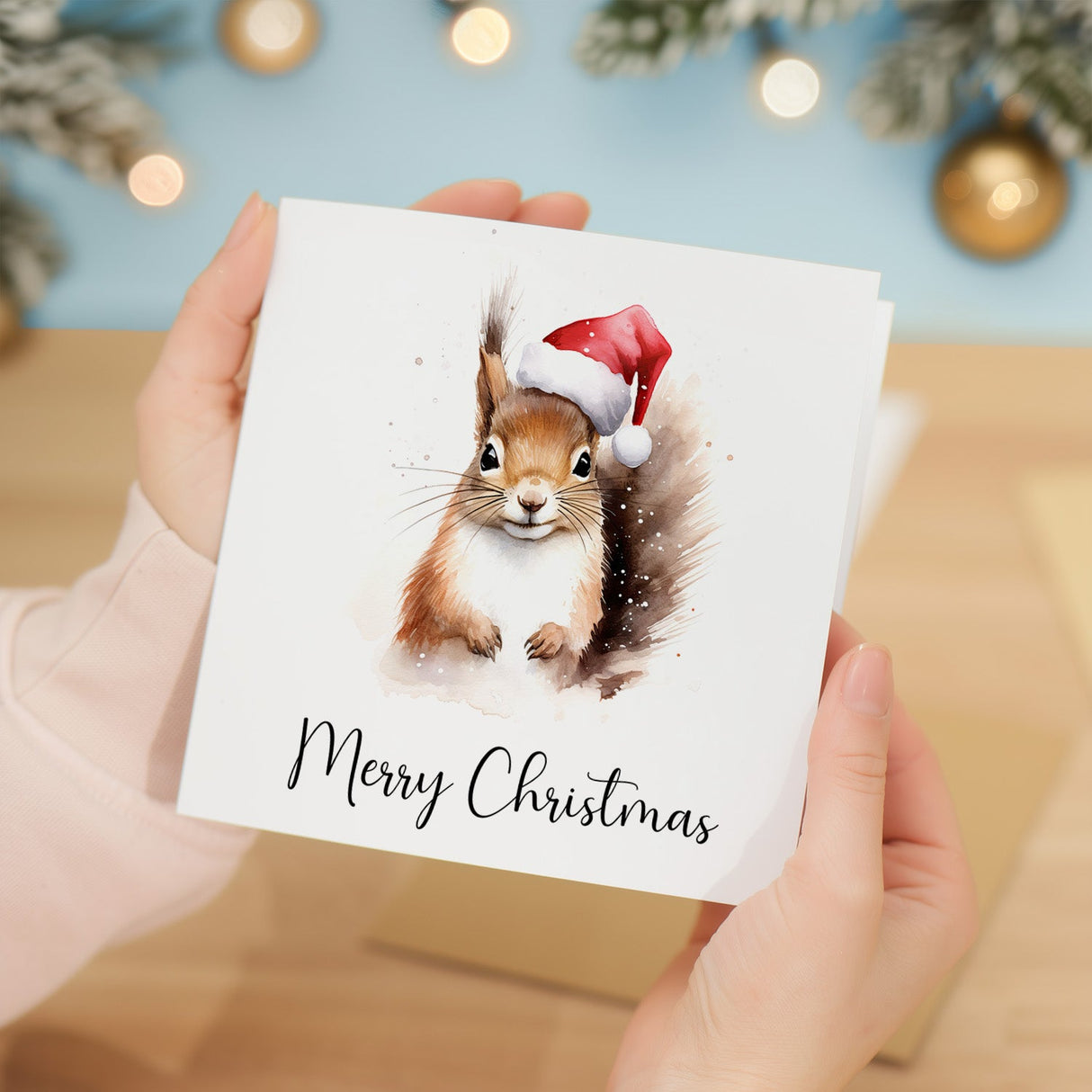 Fun Christmas Card of a Squirrel Wearing A Santa Hat Whimsical Watercolour Christmas Card For Animal Lover For Him or Her