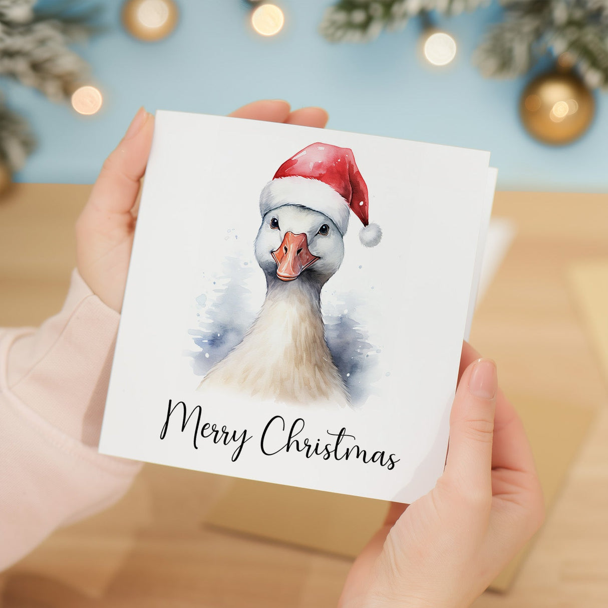 Whimsical Christmas Goose Card Santa Hat Watercolour Animal Lover Christmas Card