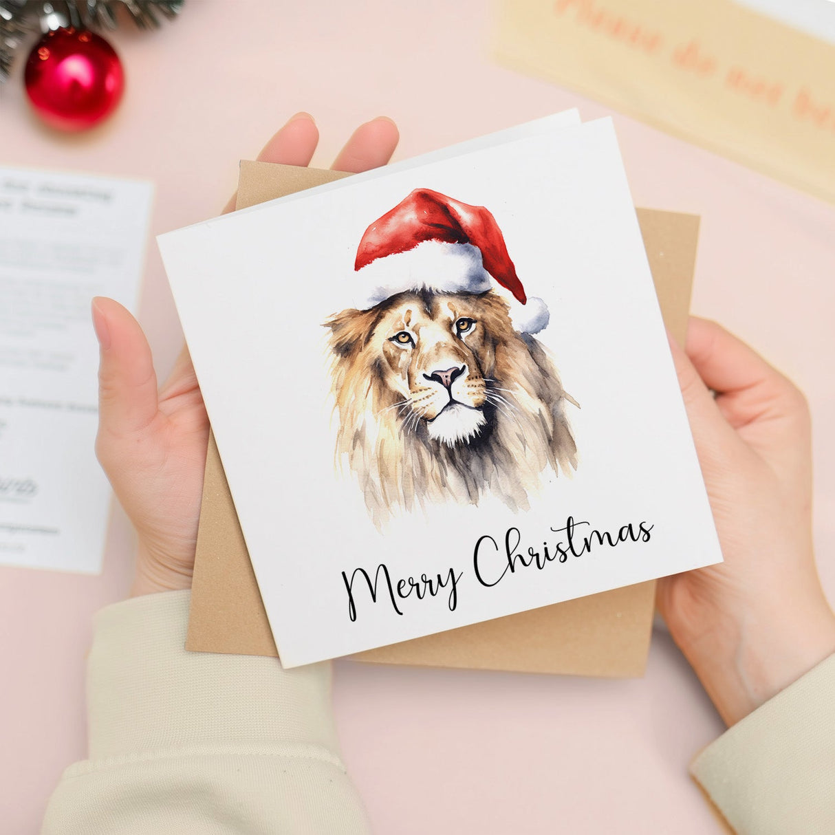 Fun Christmas Card of a Lion Wearing A Santa Hat Whimsical Watercolour Christmas Card For Animal Lover For Him or Her