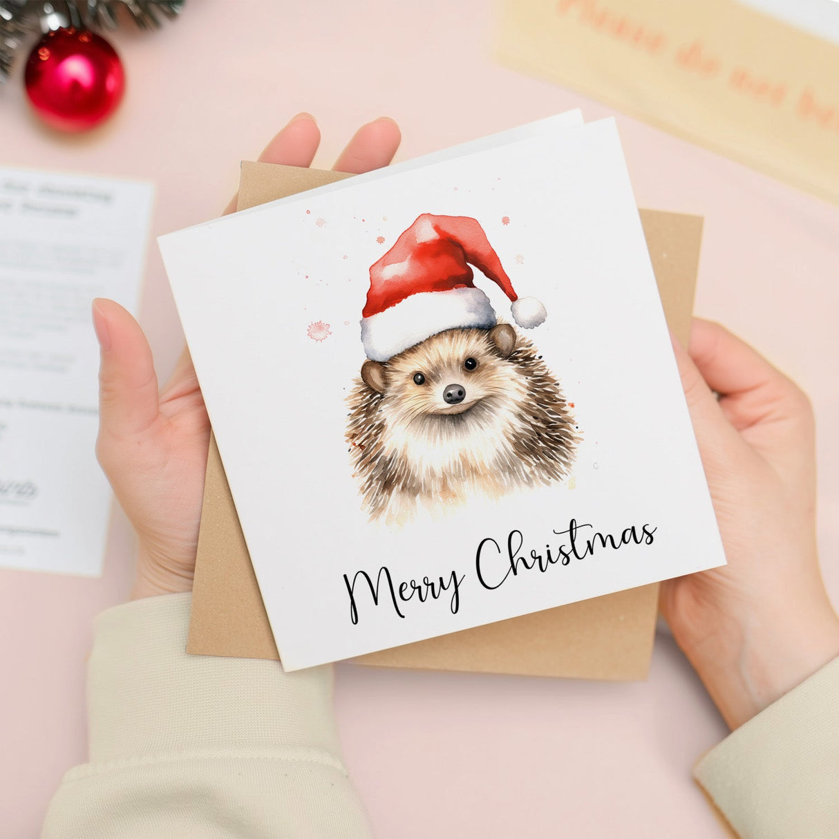 Christmas Card Hedgehog Santa Hat Whimsical Watercolour Animal Lover Card