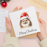 Fun Christmas Card of a Hedgehog Wearing A Santa Hat Whimsical Watercolour Christmas Card For Animal Lover For Him or Her