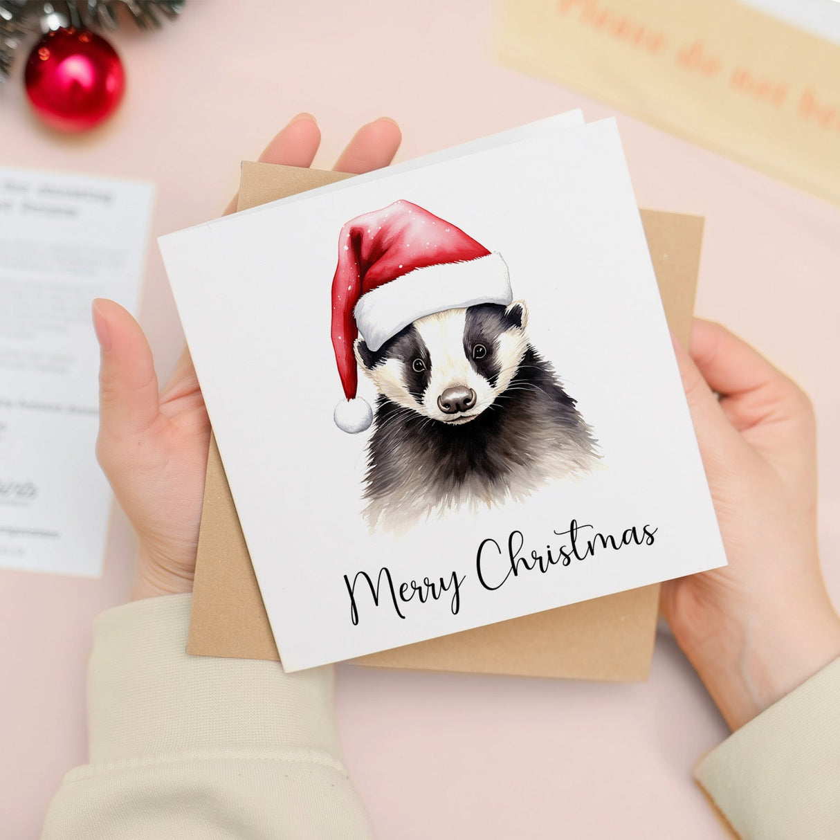 Christmas Card Badger in Santa Hat Watercolour Animal Lover For Him or Her